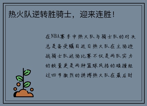 热火队逆转胜骑士，迎来连胜！